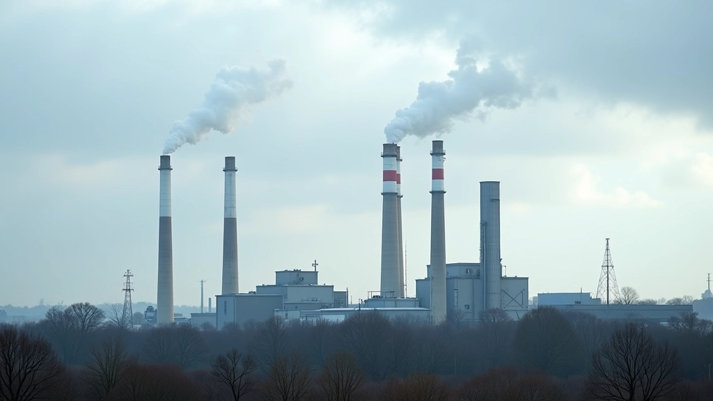 Industrieanlage mit Schornsteinen und Dampf vor bewölktem Himmel